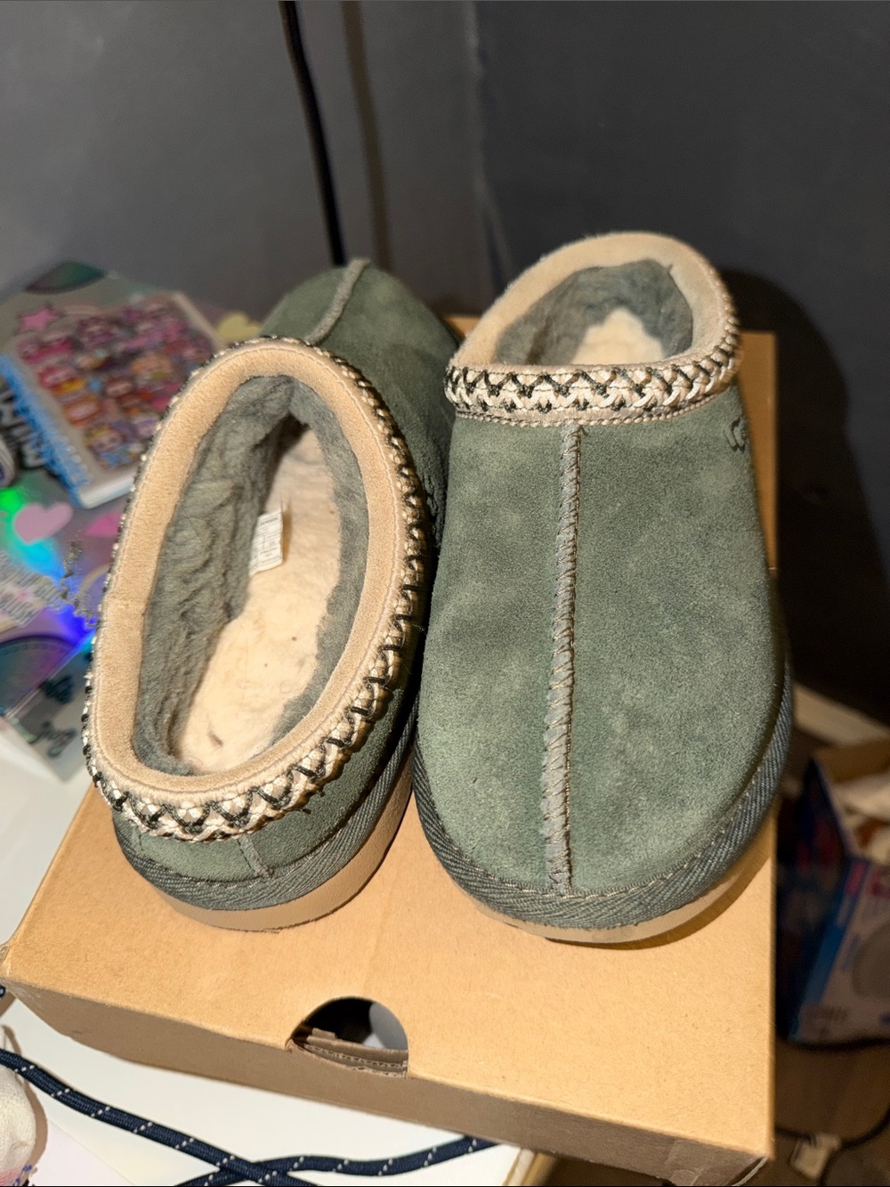 Kids Cozy Ugg Slip-On Slippers in Olive Green